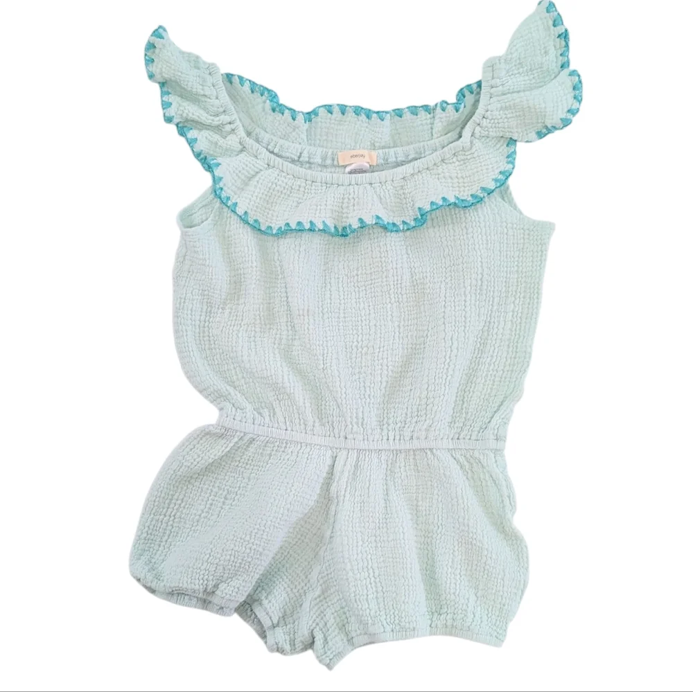 Eberjey Girls Nomad Off Shoulder Romper Ruffle Trim Shorts Gauzy Teal Blue 8